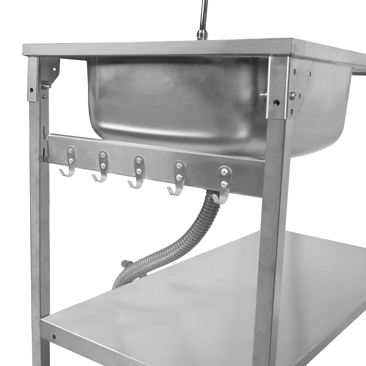 Stainless steel folding camping sink with a deep basin, sturdy frame, and multiple hooks for hanging utensils or towels