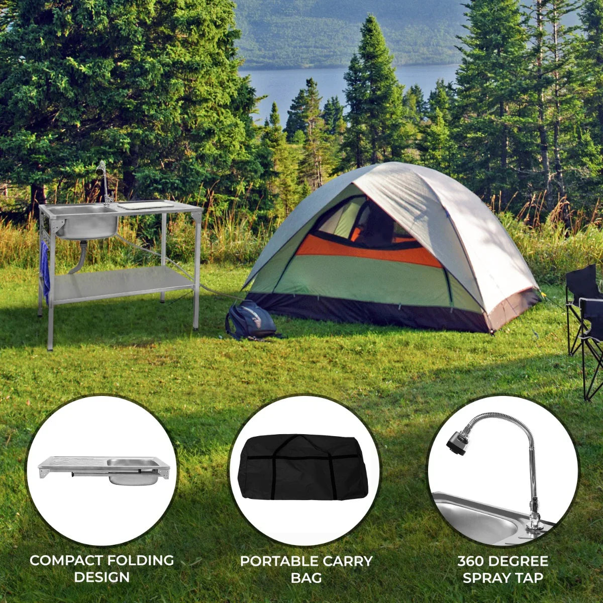 Folding camping sink with stainless steel basin, compact design, and 360-degree spray tap, set up beside a tent in a grassy outdoor area