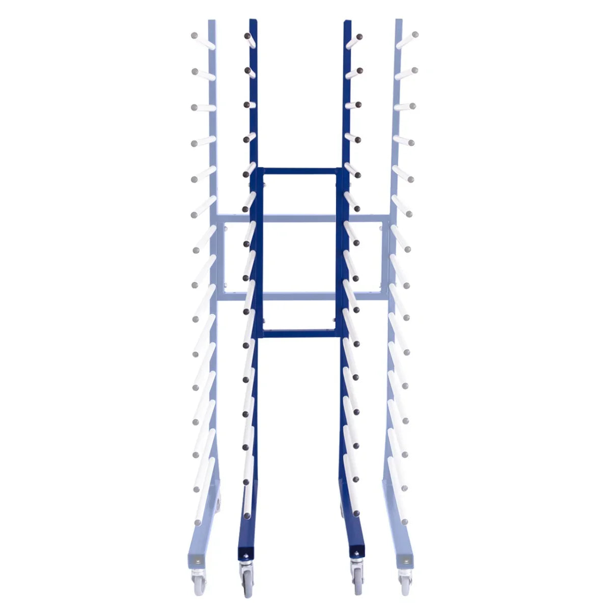 Combi Spray Drying Rack Trolley in blue and white, featuring multiple drying slots and sturdy wheels for easy mobility
