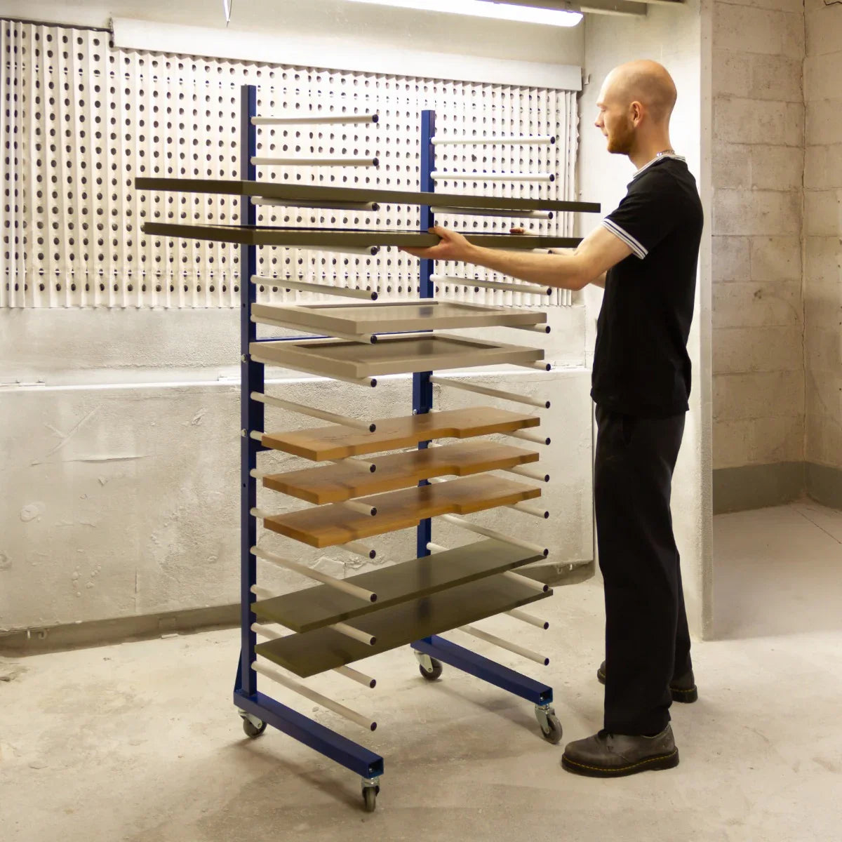 Combi Spray Drying Rack Trolley with multiple shelves in gray and wood finish, adjustable height, and sturdy wheels for mobility