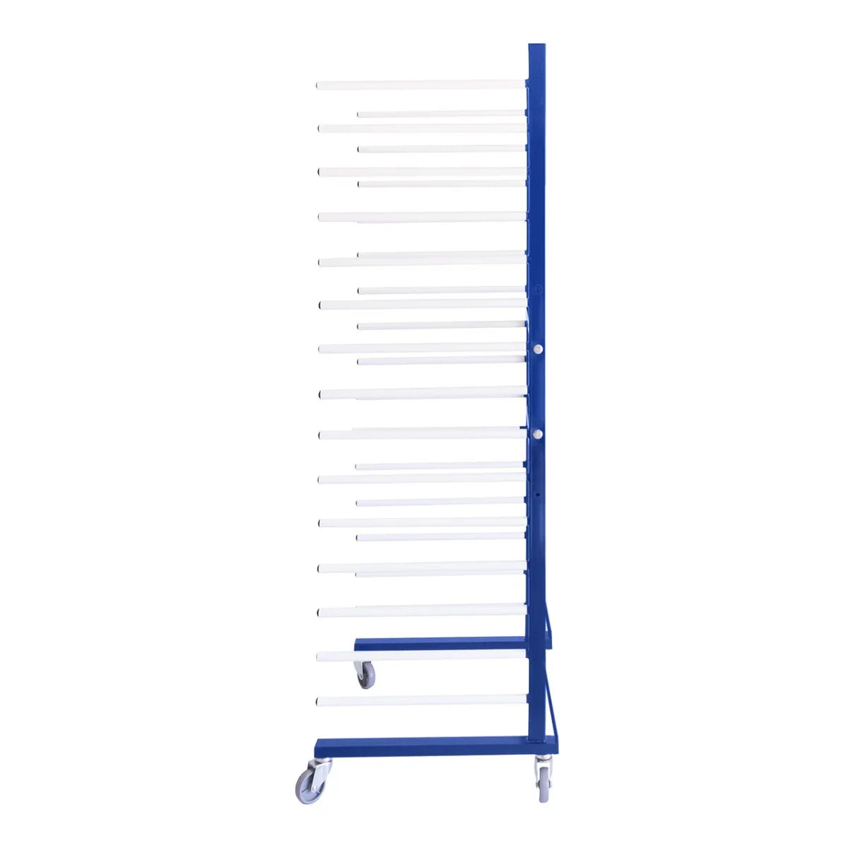 Combi Spray Drying Rack Trolley in blue metal with multiple white drying rods, designed for efficient drying and storage on wheels