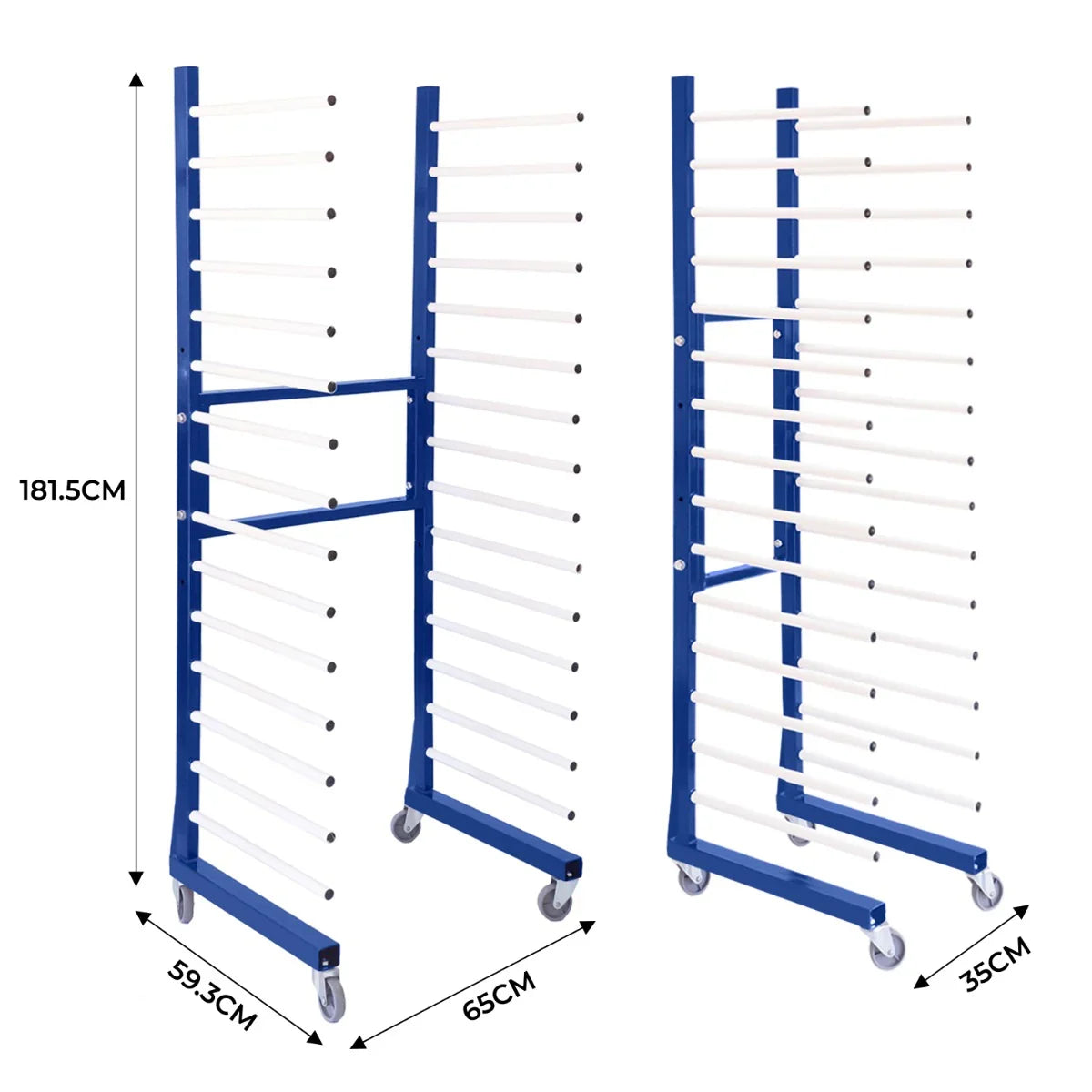Combi Spray Drying Rack Trolley in blue with multiple white drying rods, featuring a sturdy frame and wheels for easy mobility