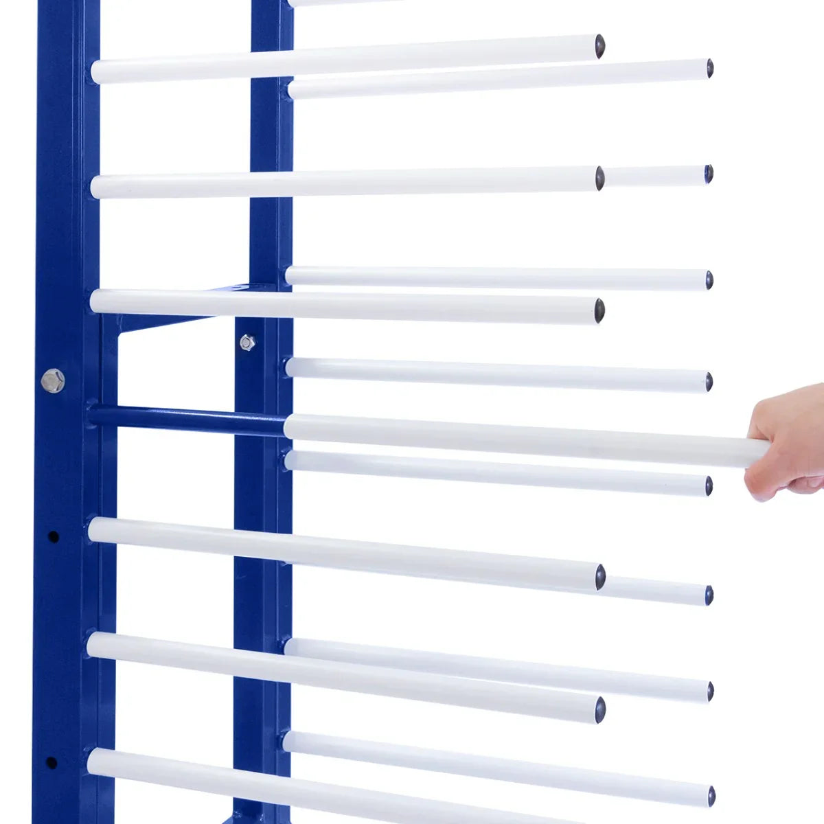 Combi Spray Drying Rack Trolley featuring a sturdy blue frame with multiple white drying rods for efficient drying and organization
