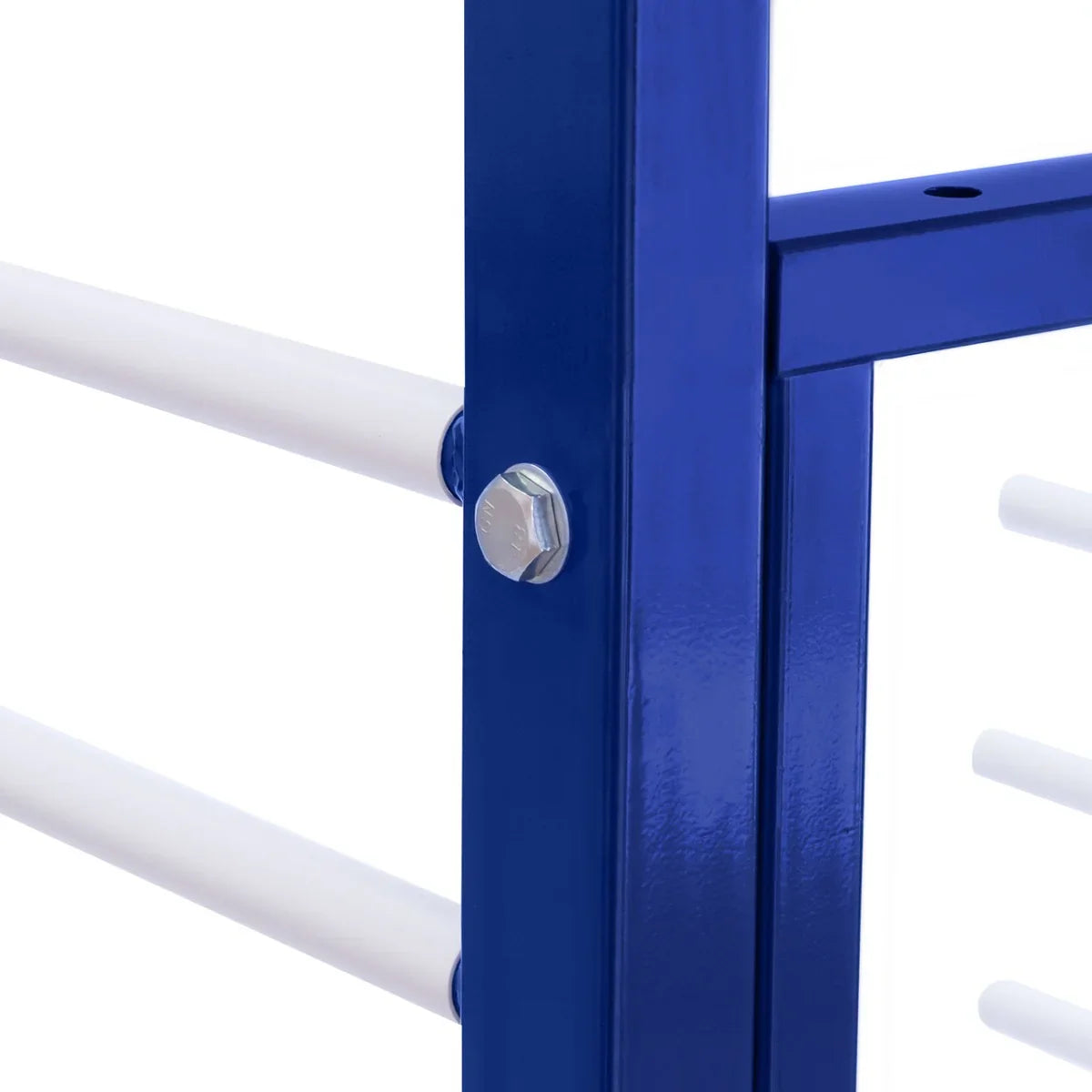 Blue metal frame of the Combi Spray Drying Rack Trolley with white drying rods and a close-up of a secure bolt connection