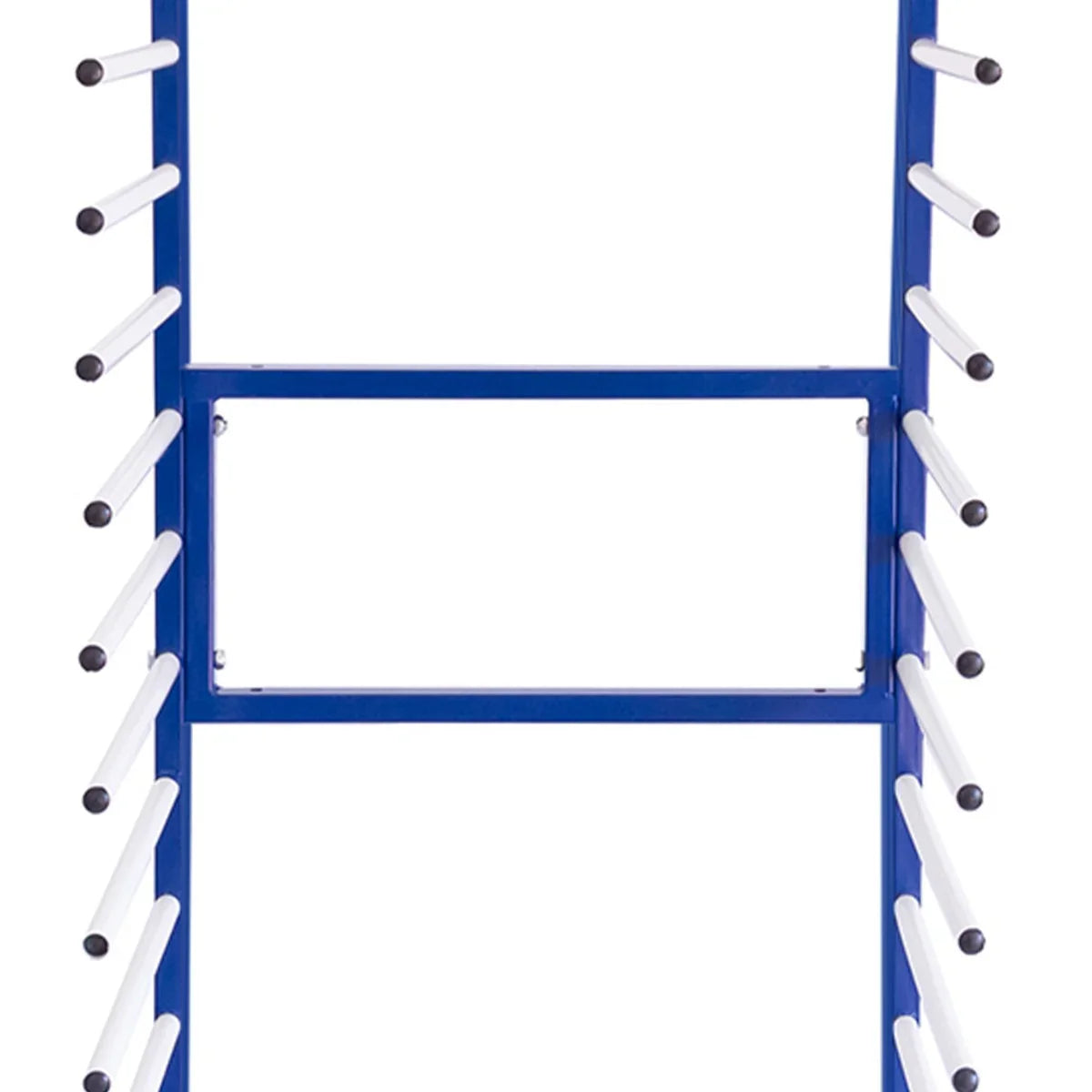 Blue metal 2 way connector for combi spray drying rack trolley with multiple white rods for hanging items securely