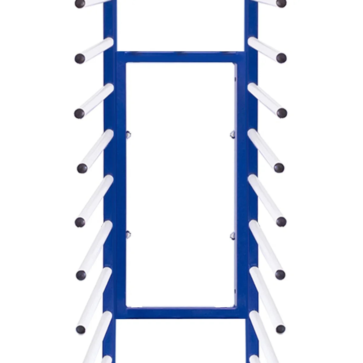 Blue metal 2-way connector for combi spray drying rack trolley with white rods and black rubber tips, designed for stability