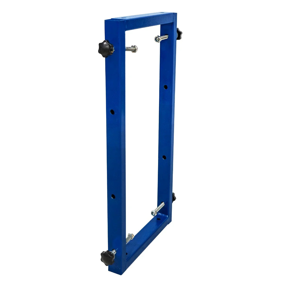 Blue metal 2 way connector for Combi spray drying rack trolley, featuring adjustable knobs and sturdy rectangular frame...