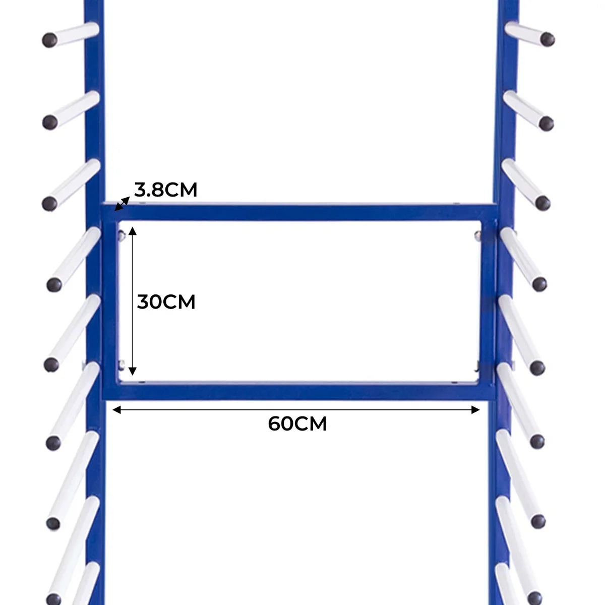Blue metal 2-way connector for combi spray drying rack trolley, featuring dimensions of 60cm x 30cm with white rubberized...