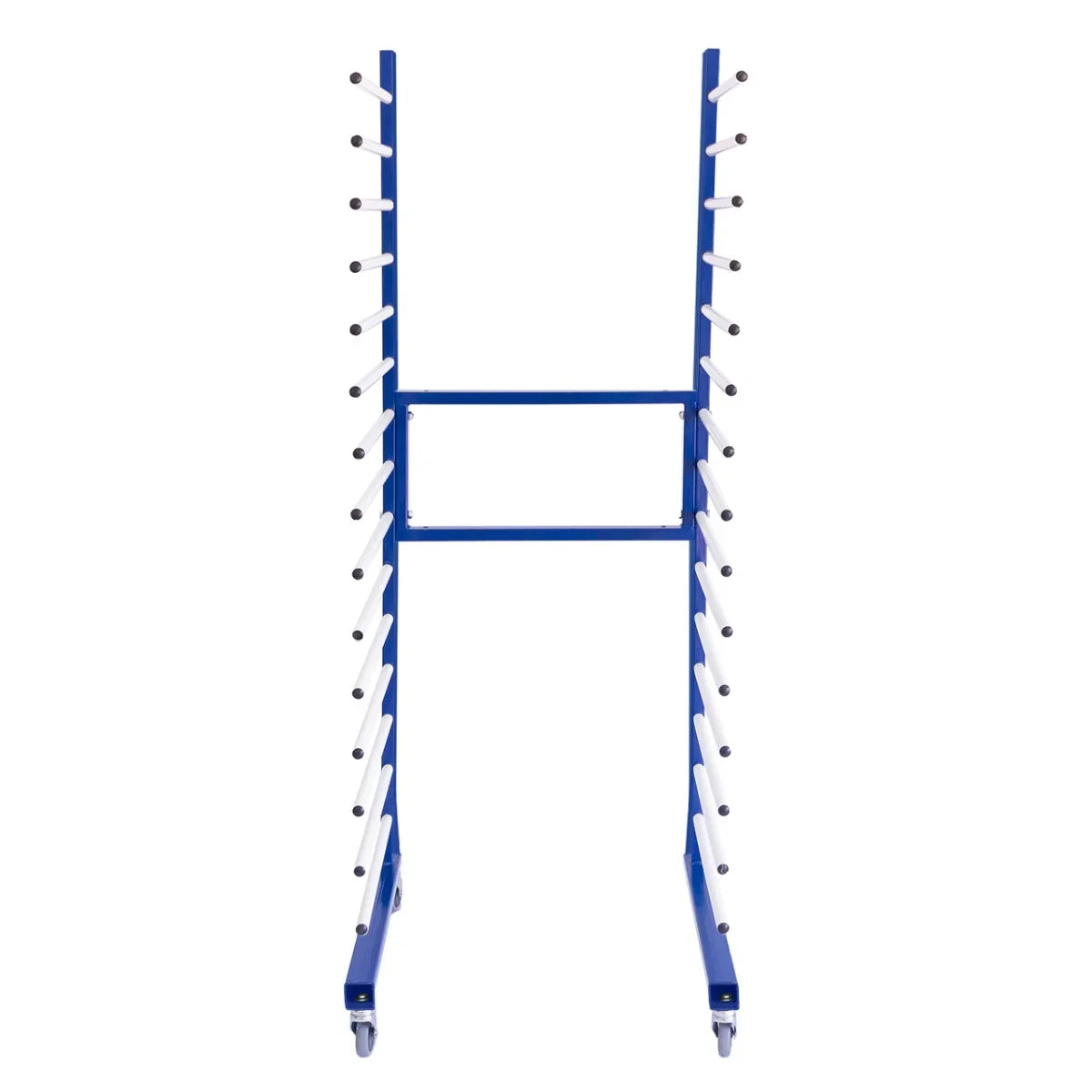 Blue metal 2-way connector for Combi spray drying rack trolley, featuring vertical rods and sturdy wheels for mobility