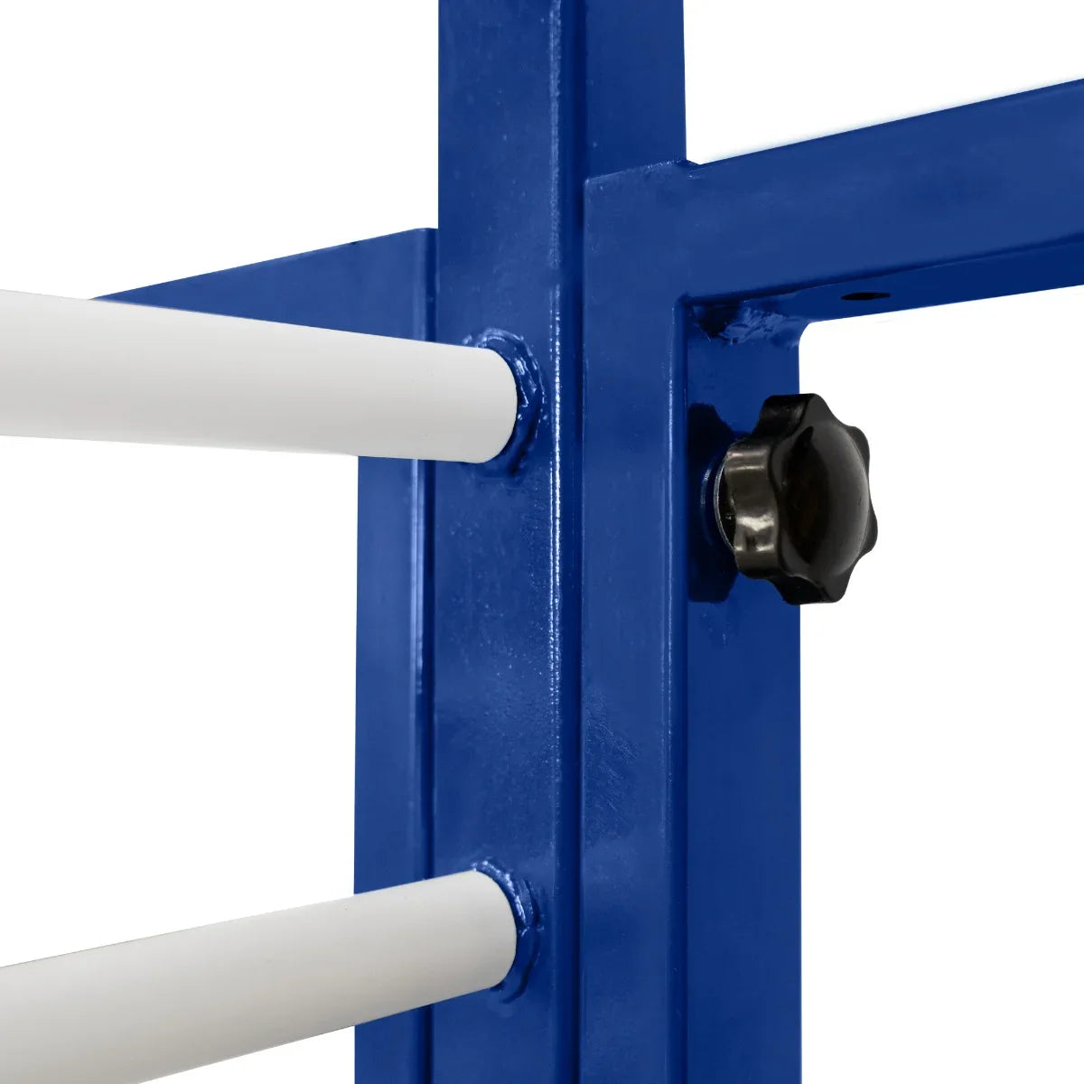 Blue metal frame of the Combi Spray Drying Rack Trolley, featuring white drying rods and a black connector knob for stability