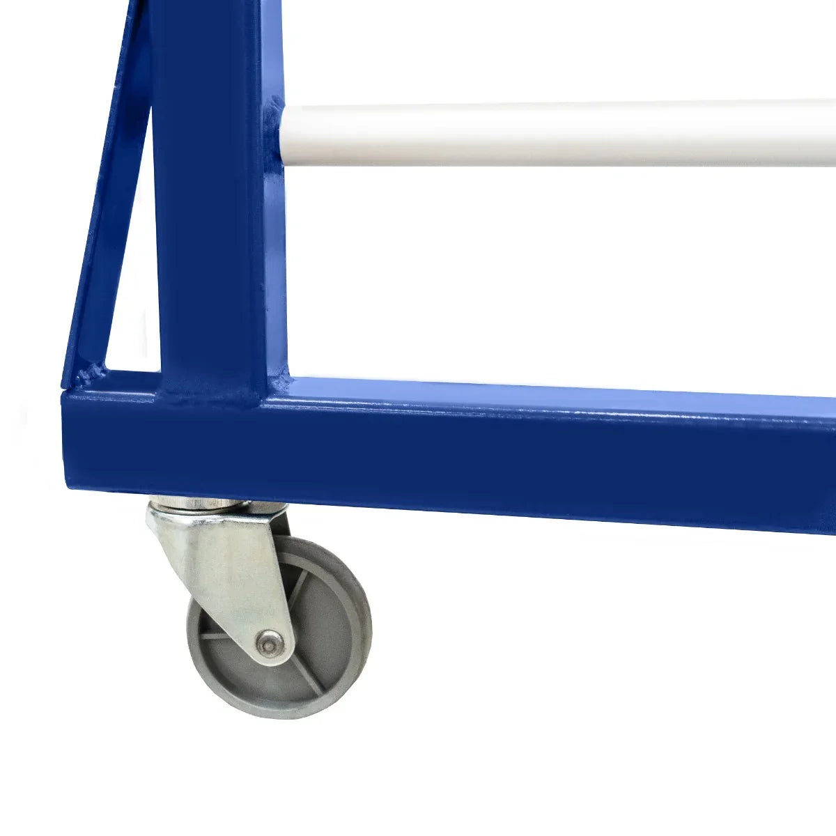 Blue metal frame of a Combi Spray Drying Rack Trolley with a sturdy wheel, showcasing its durable construction and mobility features