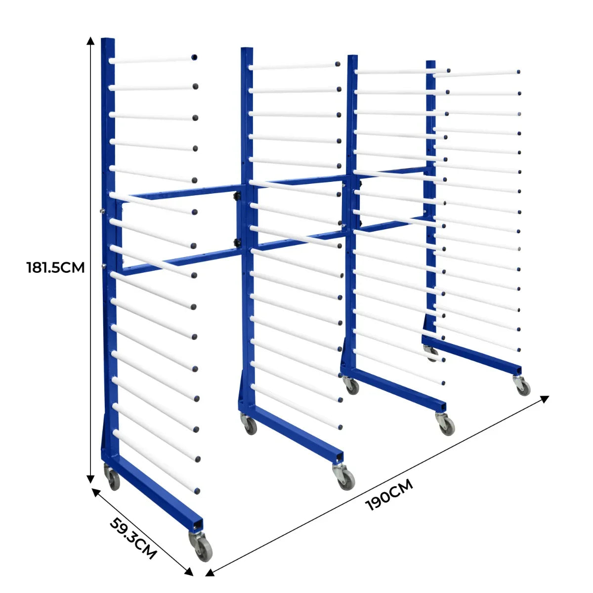 Combi Spray Drying Rack Trolley set with two blue metal frames, white drying rods, and wheels for easy mobility, dimensions 190cm x 181.5cm x 59.3cm