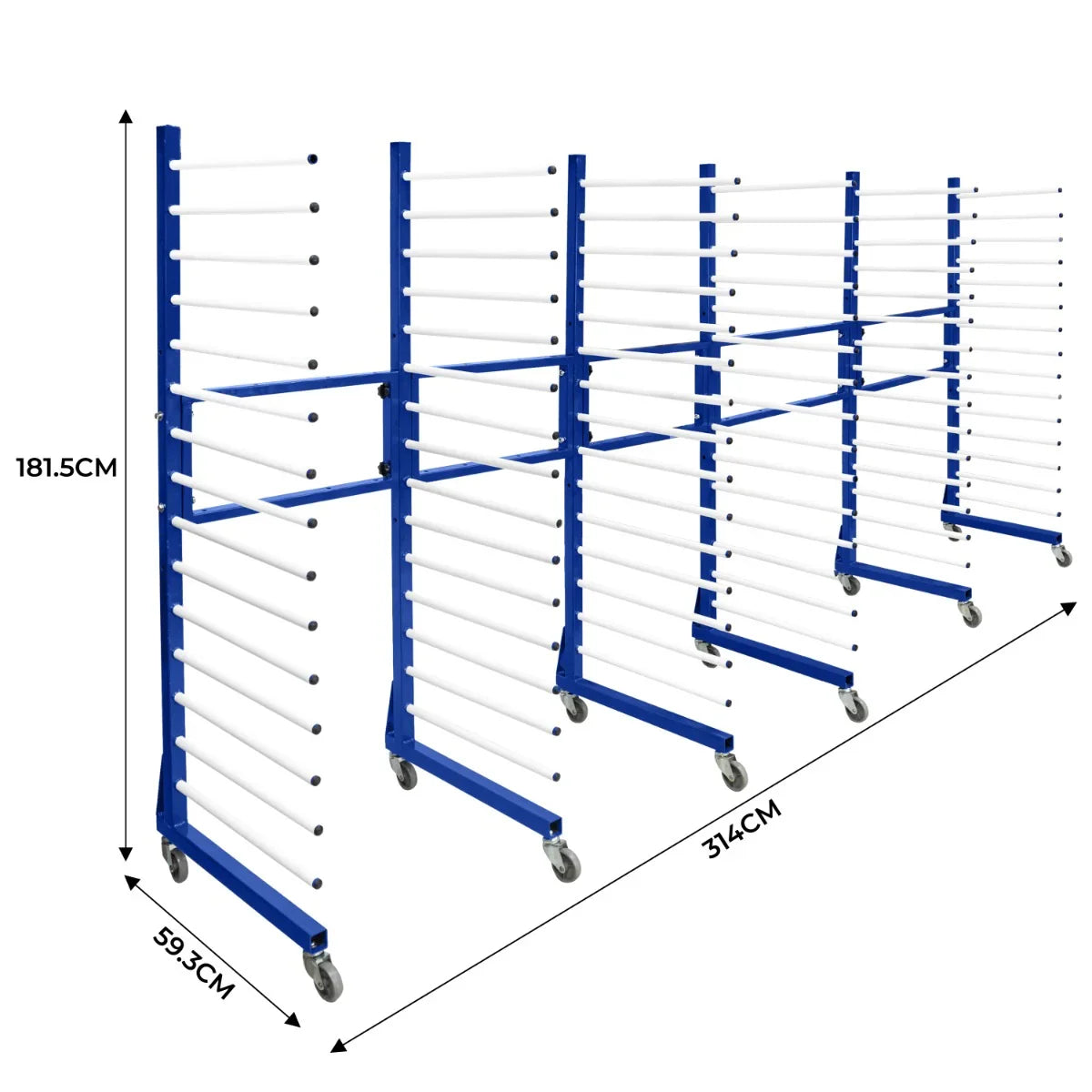Combi Spray Drying Rack Trolley set of three with two connectors, featuring blue metal frame, white drying rods, and rolling wheels for mobility