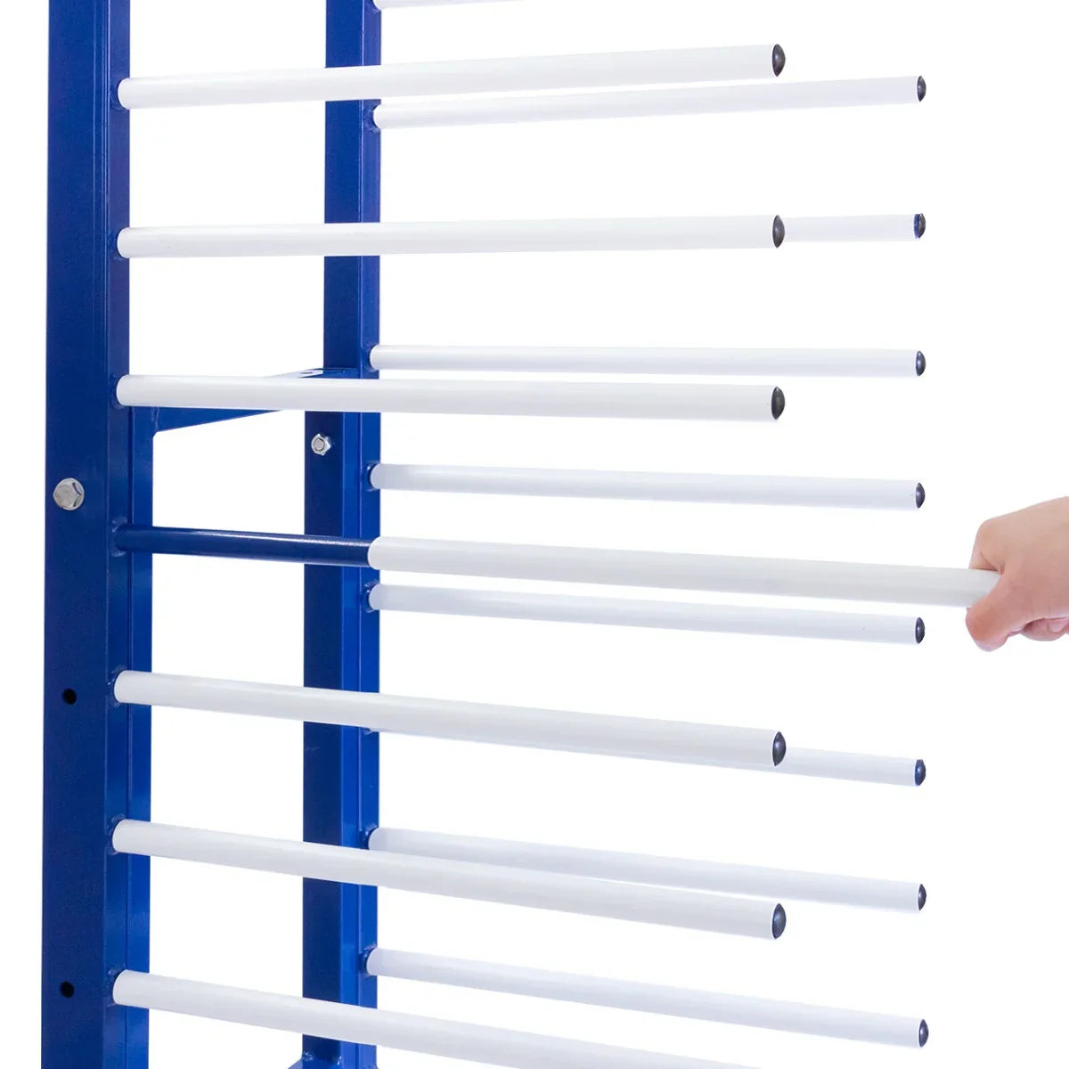 Combi Spray Drying Rack Trolley with three tiers, featuring sturdy blue metal frame and white drying rods for efficient drying
