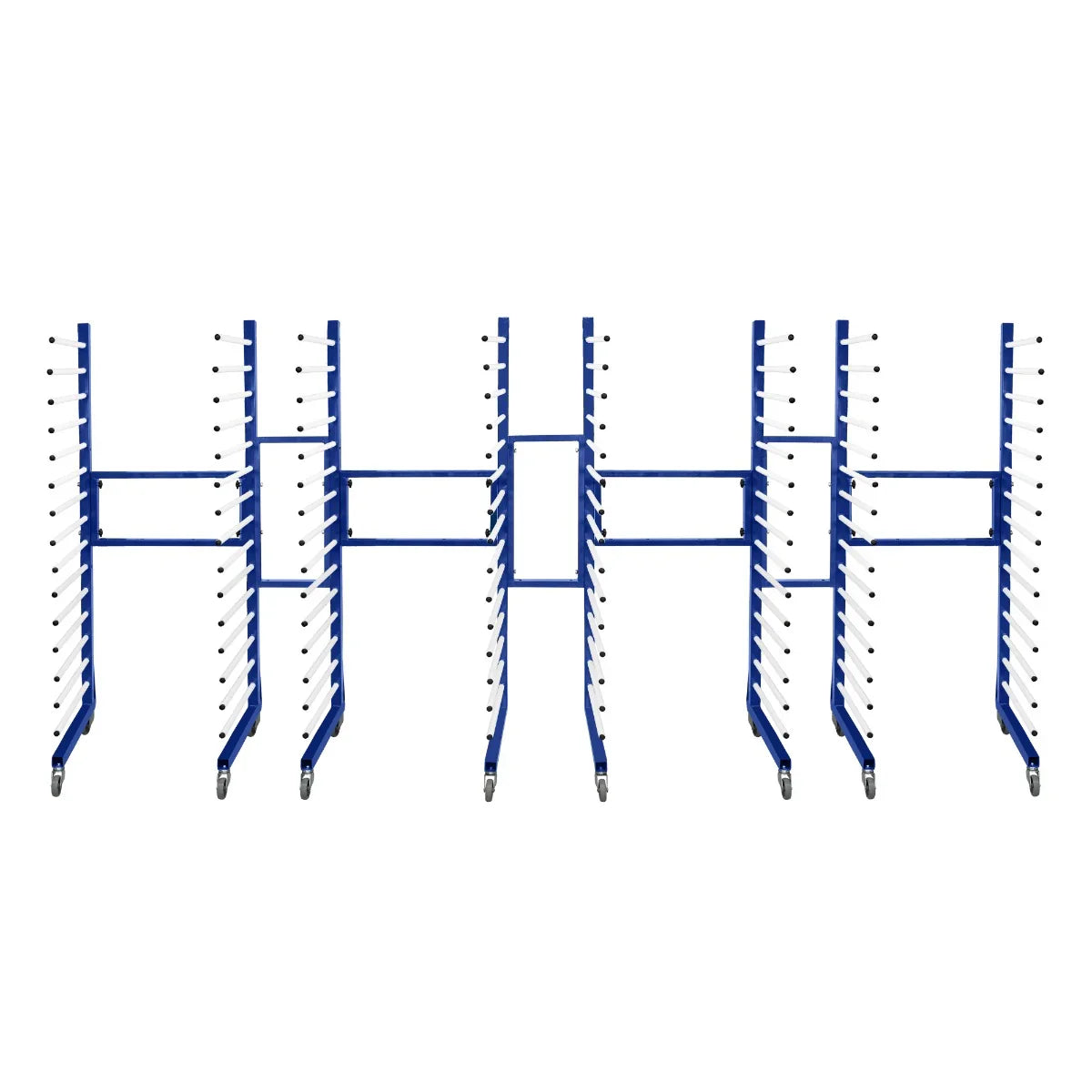 Combi Spray Drying Rack Trolley set with four blue racks and three connectors, featuring sturdy metal construction and multiple drying slots