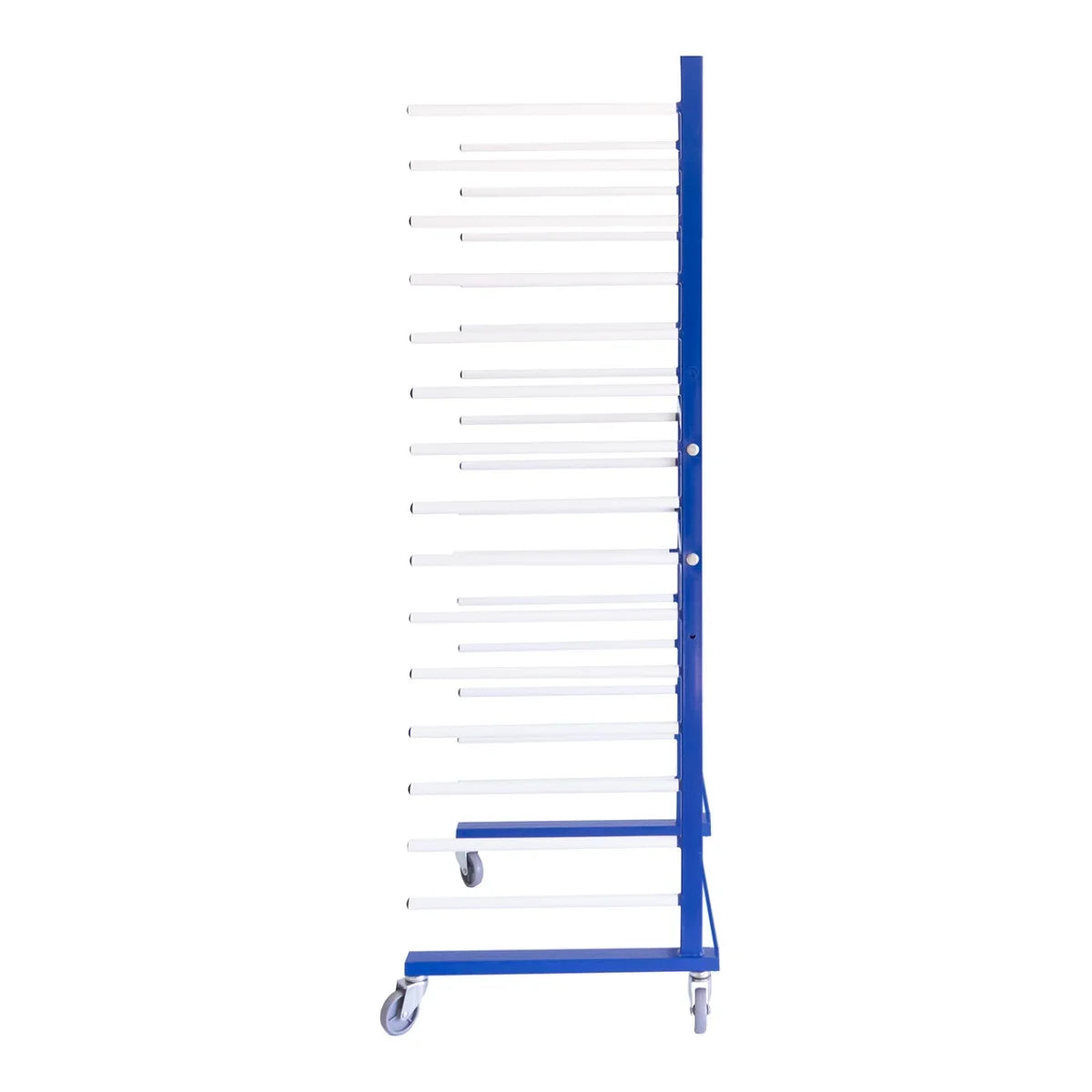 Combi Spray Drying Rack Trolley with four tiers, blue metal frame, white drying rods, and smooth-rolling wheels for easy mobility