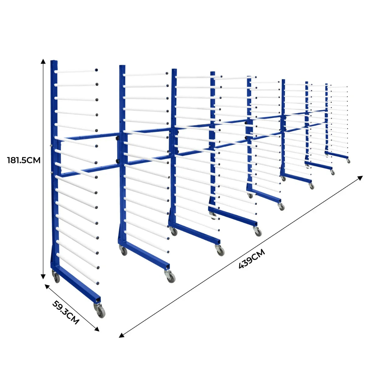 Combi Spray Drying Rack Trolley in blue and white, featuring four drying racks and three connectors, with sturdy wheels for mobility