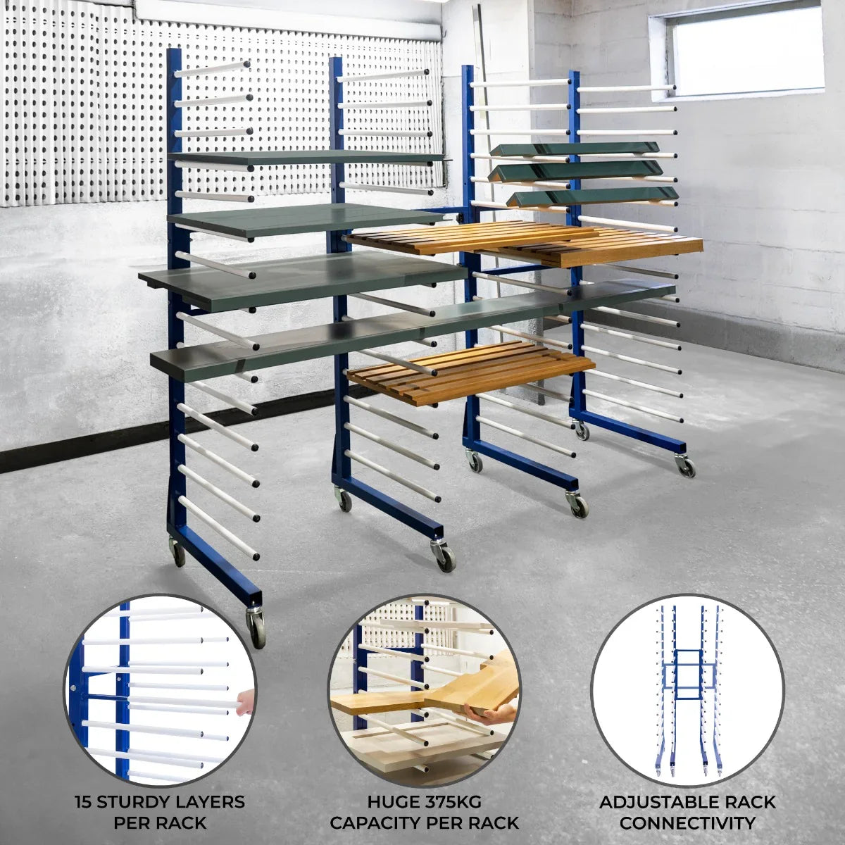 Combi Spray Drying Rack Trolley set with four racks, featuring 15 layers, wooden shelves, blue metal frame, and adjustable connectors