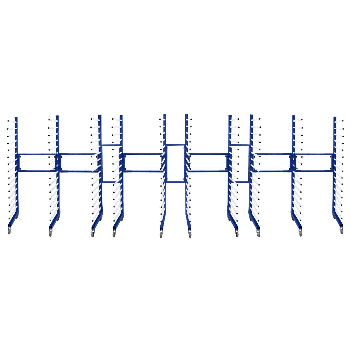Combi spray drying rack trolley in blue, featuring five racks and four connectors, designed for efficient drying and storage