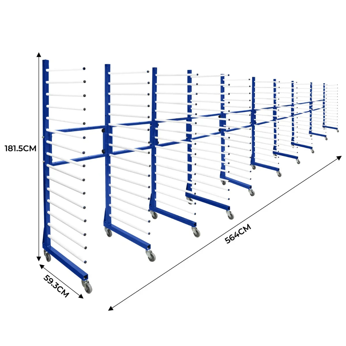 Combi Spray Drying Rack Trolley with five tiers and four connectors, featuring a sturdy blue frame and white drying rods, ideal for efficient drying
