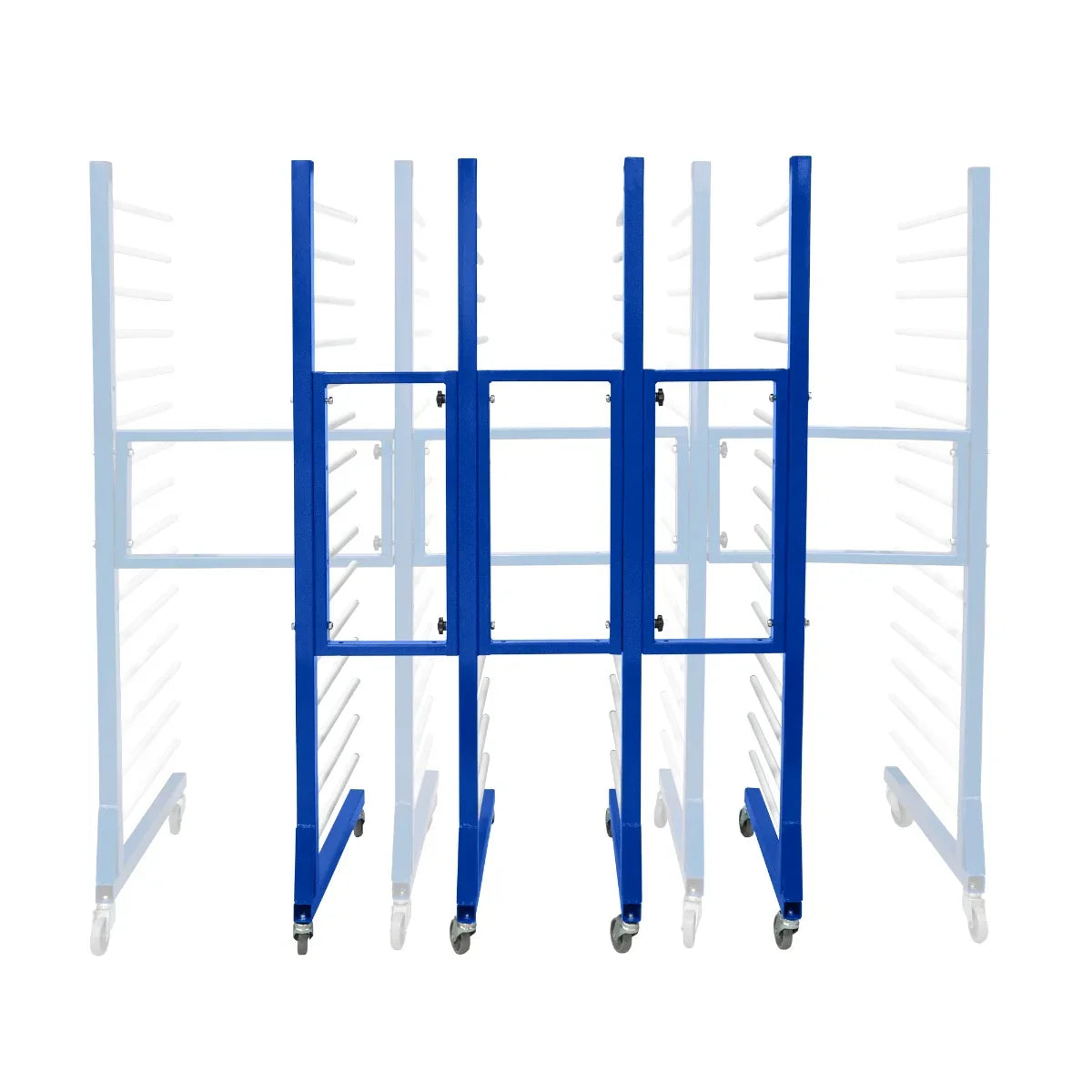 Combi Spray Drying Rack Trolley in vibrant blue, featuring five racks and four connectors, designed for efficient drying and mobility