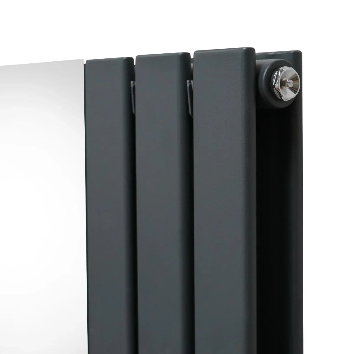 Flat mirror radiator in anthracite grey, featuring sleek vertical panels and a polished surface for modern home decor