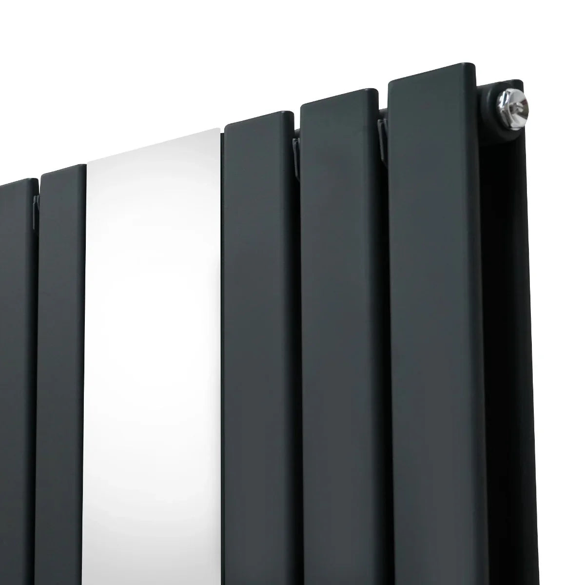 Flat mirror radiator in anthracite grey, 1800mm x 425mm, featuring sleek vertical panels and a polished reflective surface
