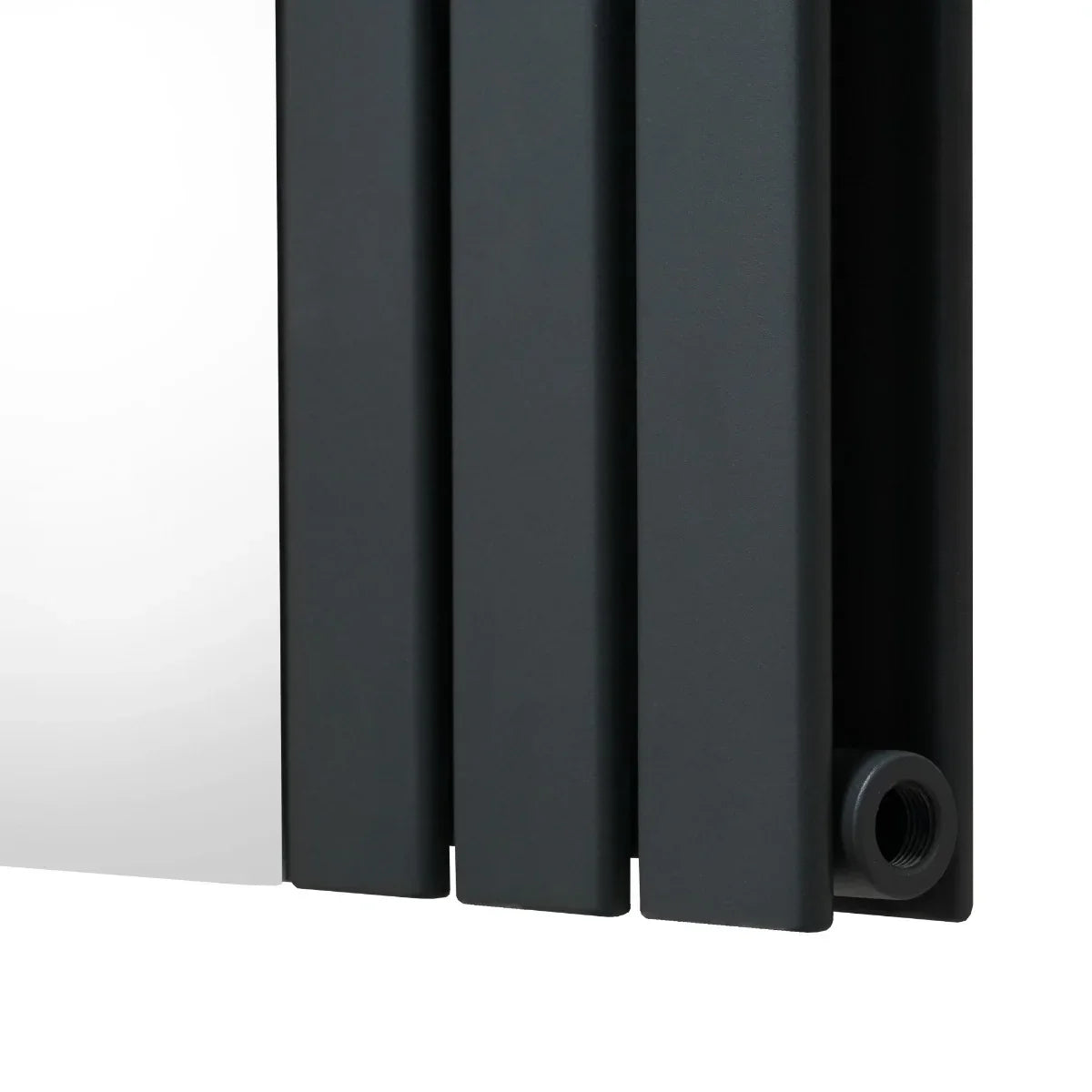 Flat mirror radiator in anthracite grey, featuring a sleek, modern design with smooth vertical panels and a polished surface