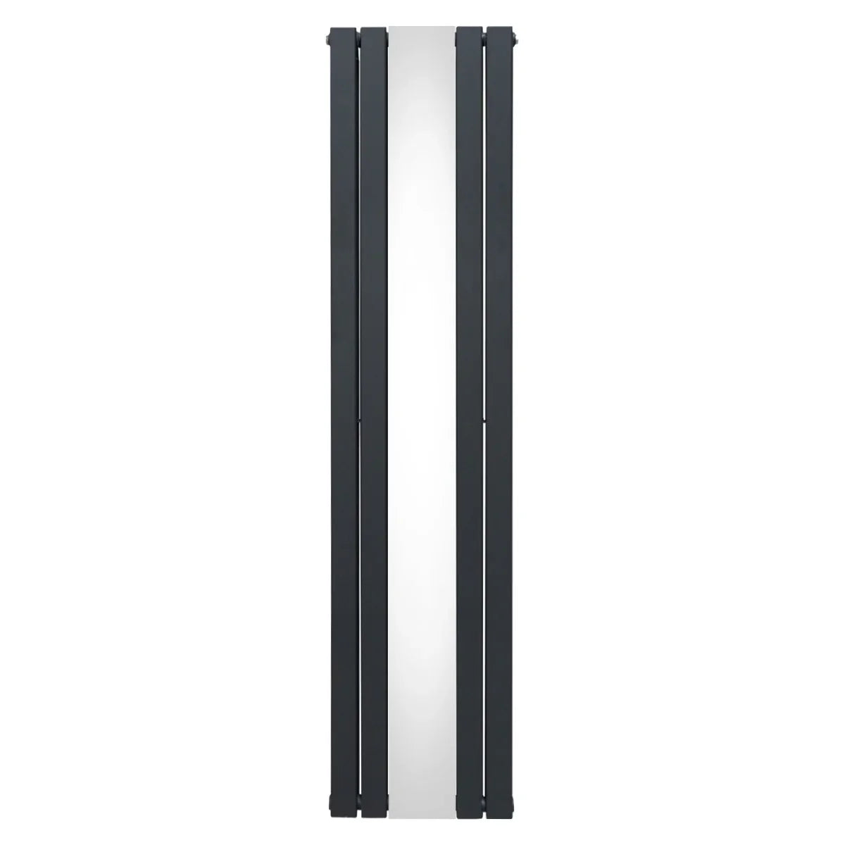 Flat mirror radiator in anthracite grey, 1800mm x 425mm, featuring a sleek, modern design with a smooth reflective surface and vertical orientation