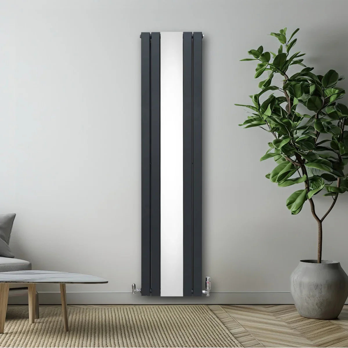 Flat mirror radiator in anthracite grey, 1800mm x 425mm, featuring a sleek vertical design, reflecting light and enhancing modern decor