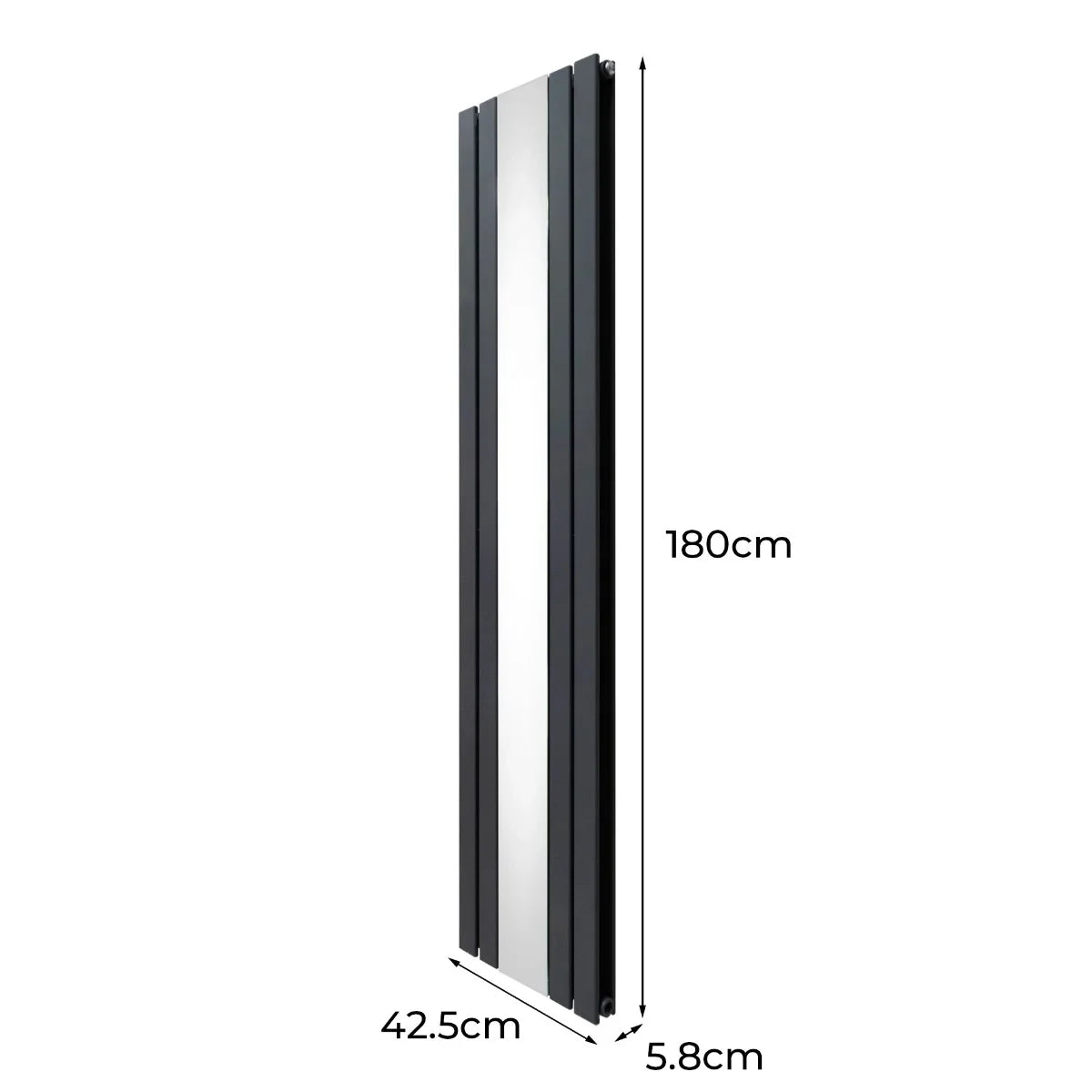 Flat mirror radiator in anthracite grey, 1800mm x 425mm, featuring sleek vertical lines and a modern, minimalist design
