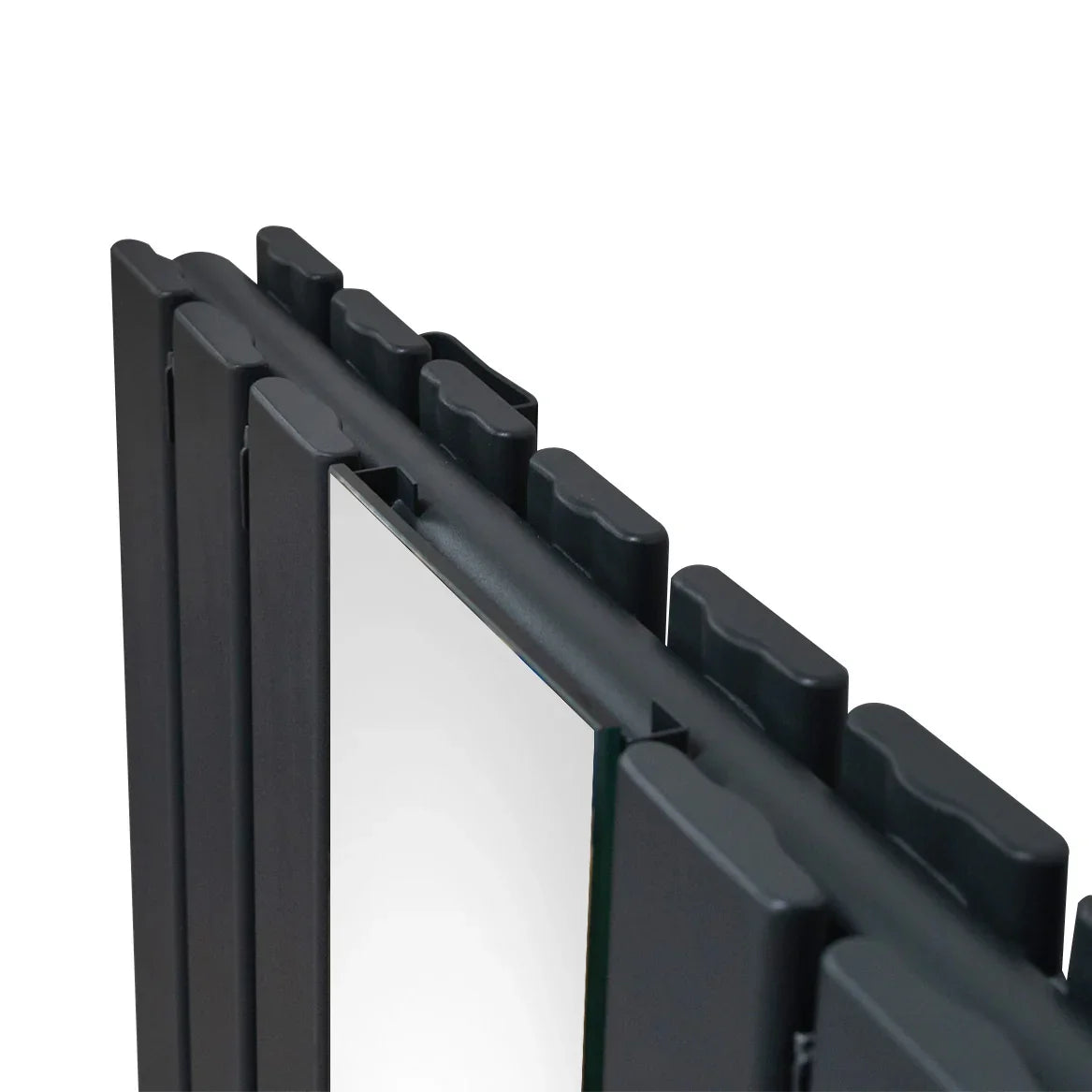 Flat mirror radiator in anthracite grey, 1800mm x 425mm, featuring a sleek, modern design with smooth edges and reflective surface