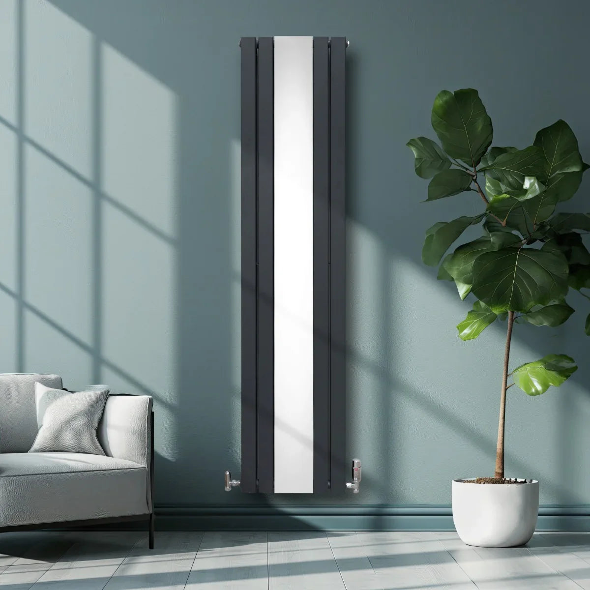 Flat mirror radiator in anthracite grey, 1800mm x 425mm, sleek vertical design reflecting light, enhancing modern interiors