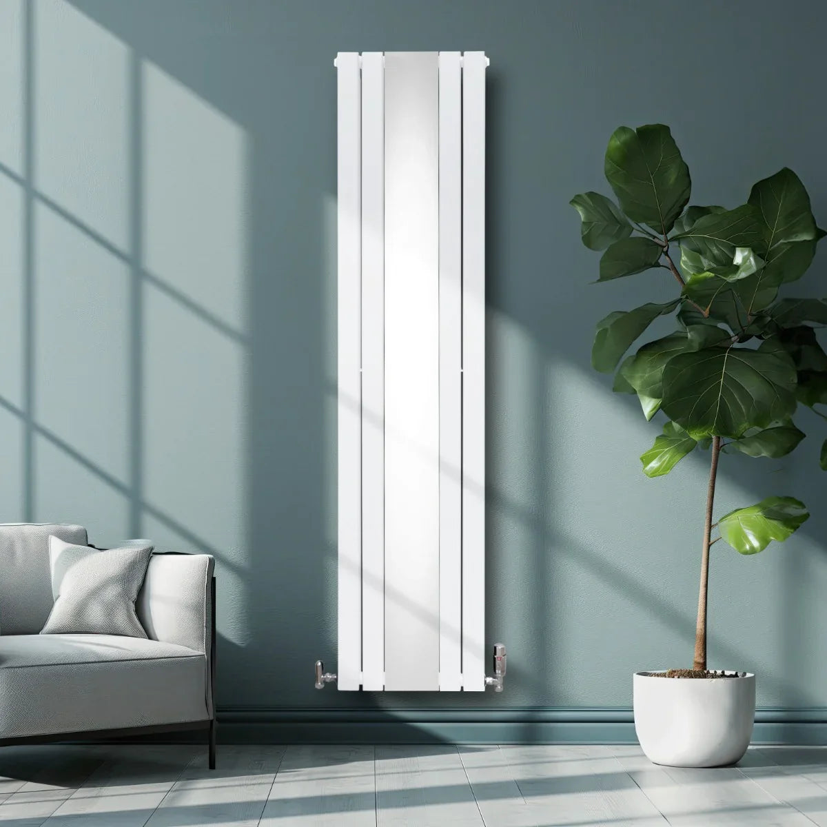 Sleek white flat mirror radiator, 1800mm x 425mm, mounted on a wall, reflecting light, with a modern design and elegant lines