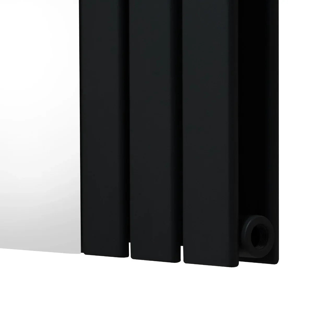 Flat mirror radiator in sleek black finish, measuring 1800mm x 425mm, featuring smooth surfaces and modern design for stylish heating
