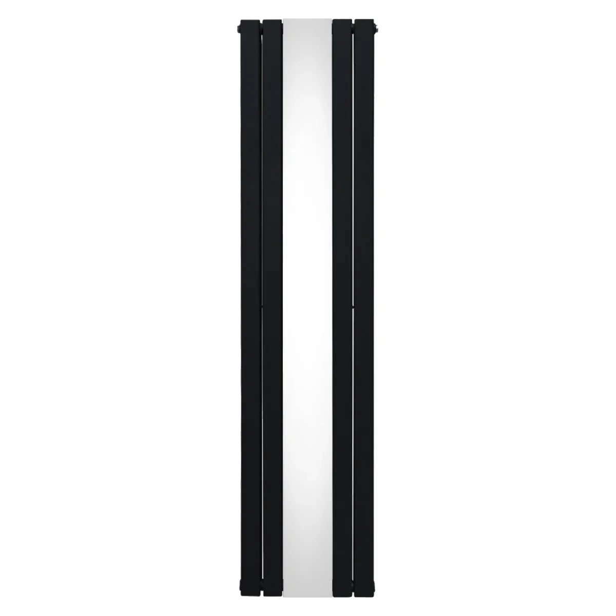 Sleek black flat mirror radiator measuring 1800mm x 425mm, featuring a modern design with smooth reflective surface and clean lines
