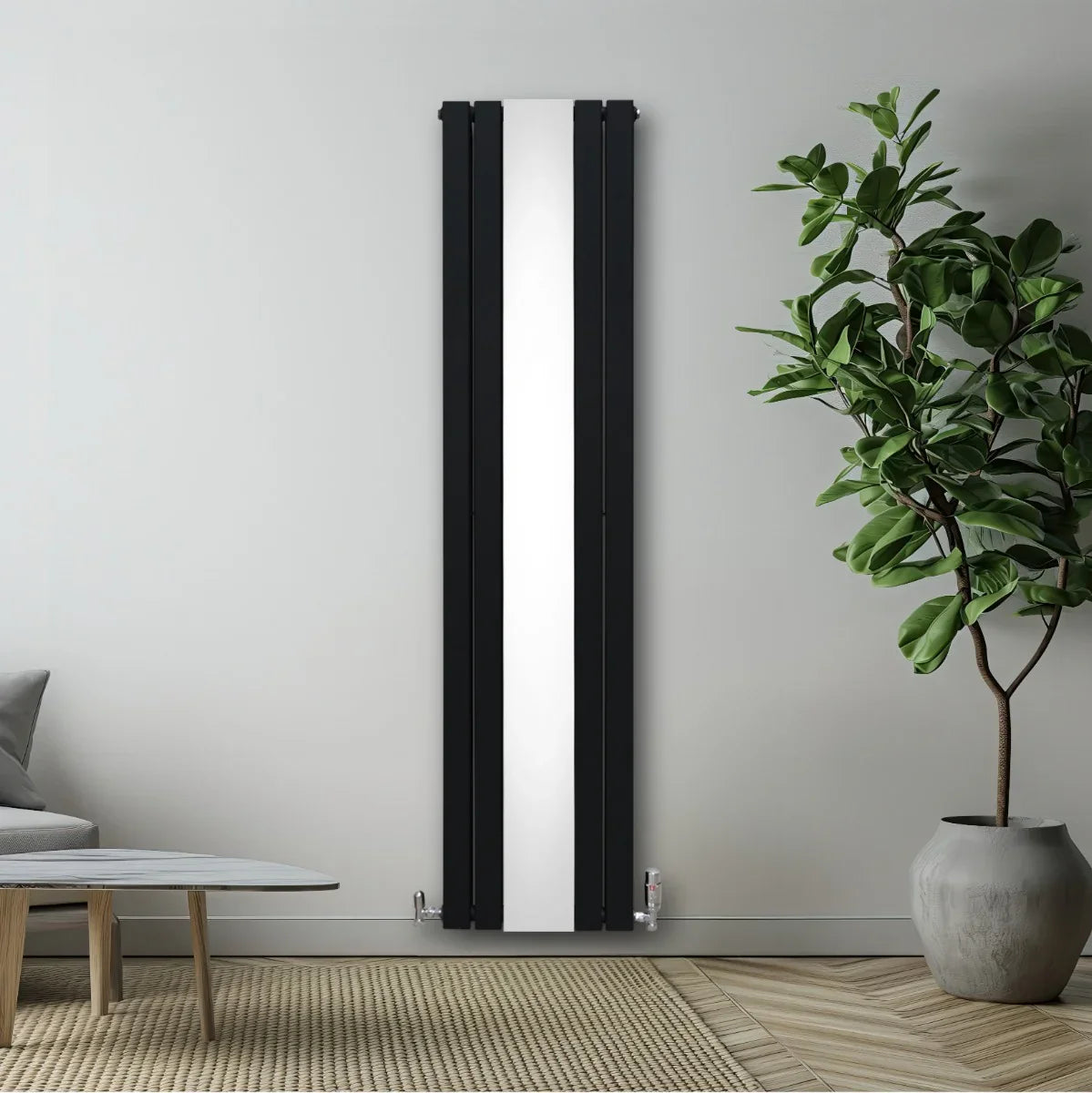 Sleek black flat mirror radiator, 1800mm x 425mm, mounted on a wall, reflecting light, enhancing modern interior decor