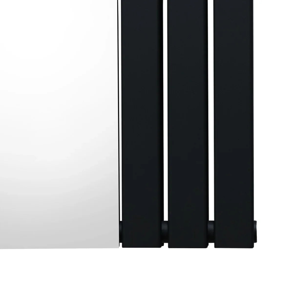 Sleek black flat mirror radiator, 1800mm x 425mm, featuring smooth surfaces and modern design for stylish heating solutions