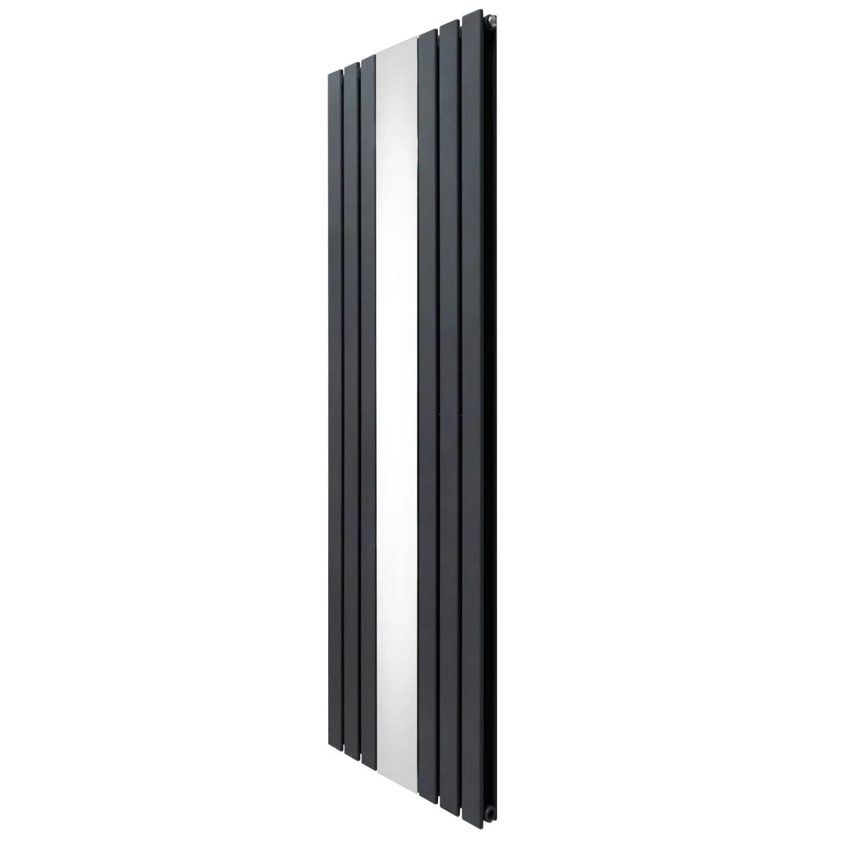 Flat mirror radiator in anthracite grey, 1800mm x 565mm, featuring a sleek, vertical design with smooth, reflective surface and textured panels