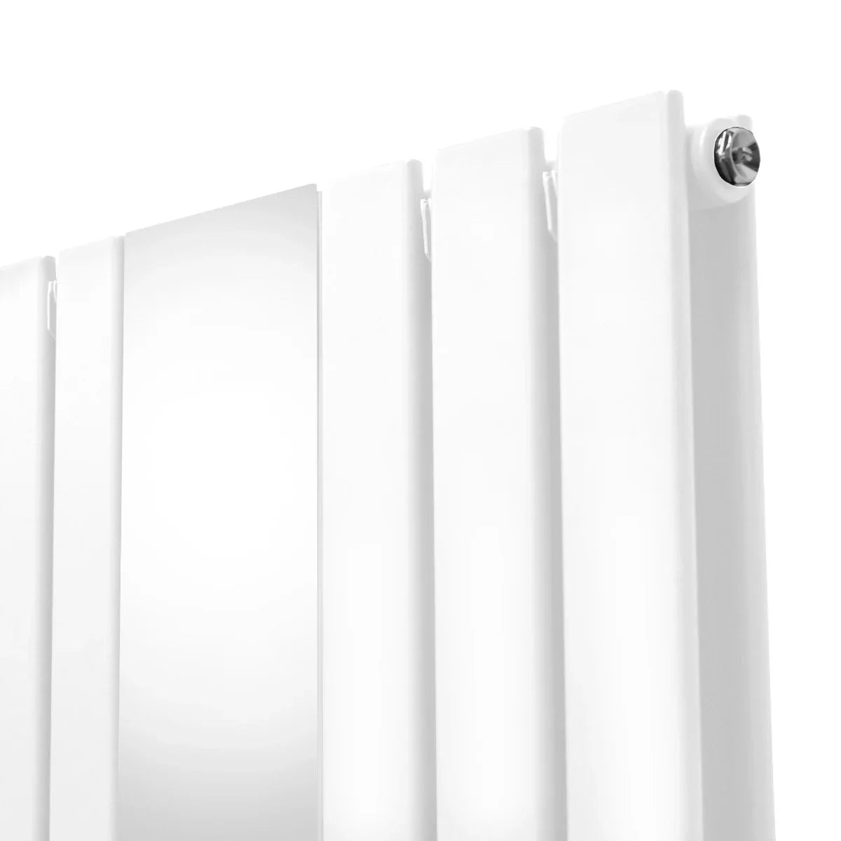 Sleek white flat mirror radiator, 1800mm x 565mm, featuring smooth surfaces and modern vertical slats for stylish heating solutions