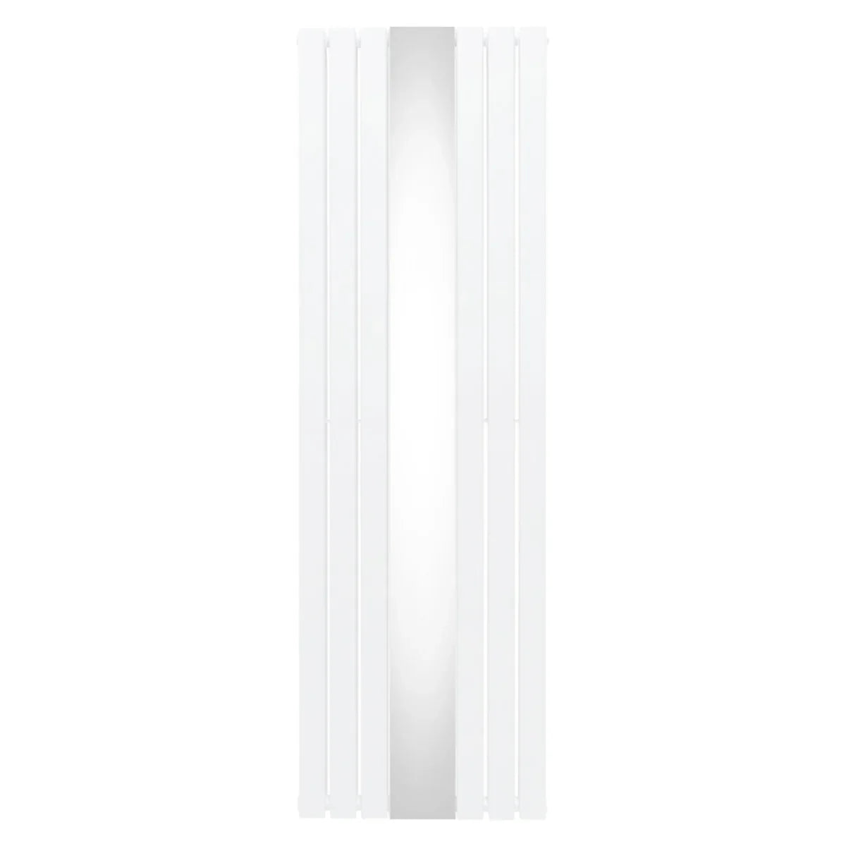 Flat mirror radiator in sleek white finish, 1800mm x 565mm, featuring a modern design with vertical lines and a smooth reflective surface