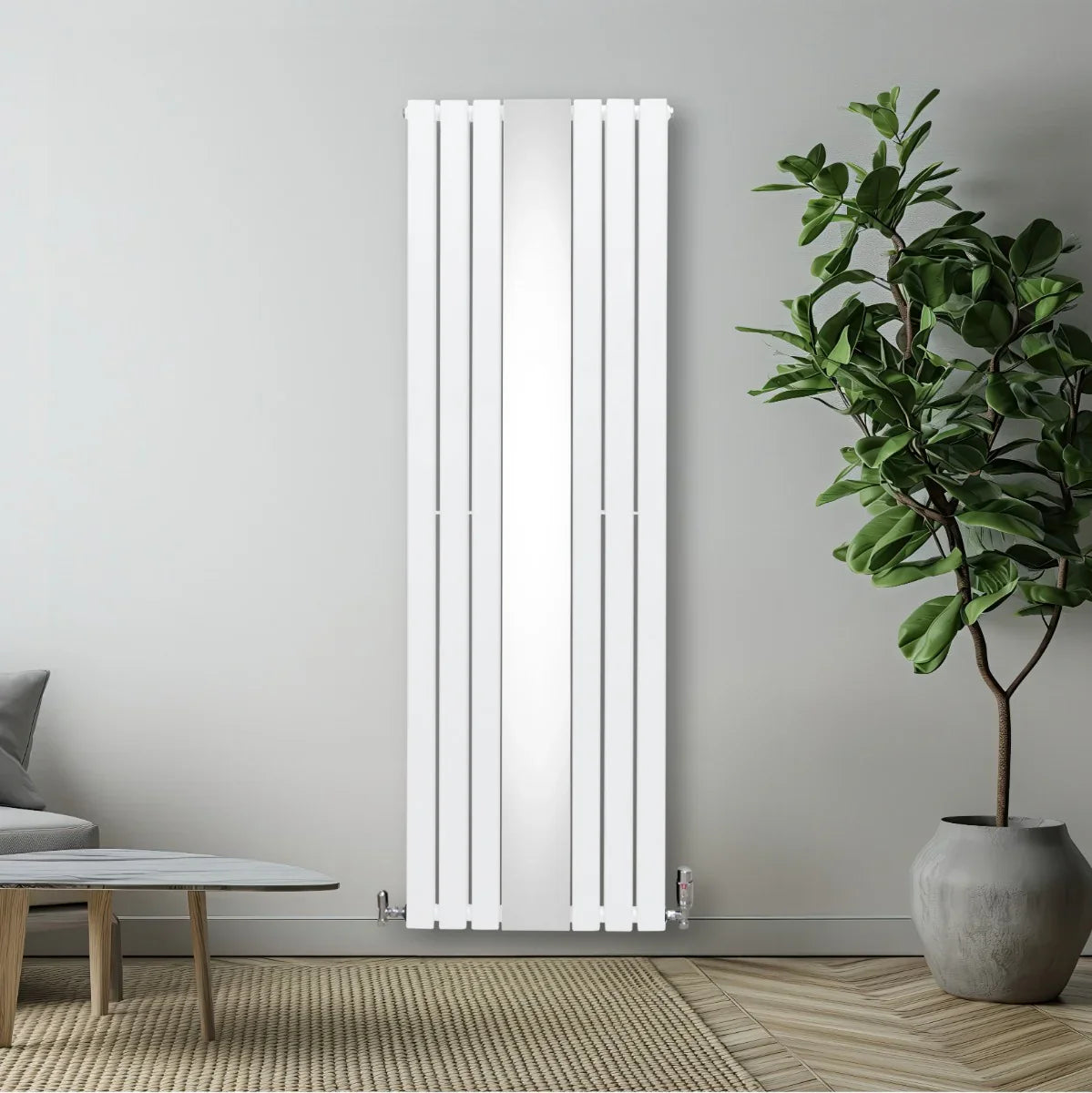 Sleek white flat mirror radiator, 1800mm x 565mm, featuring vertical slats and a modern design, enhancing any contemporary space