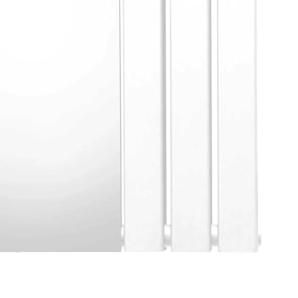 Flat mirror radiator in sleek white finish, measuring 1800mm x 565mm, featuring a smooth, modern design with vertical panels