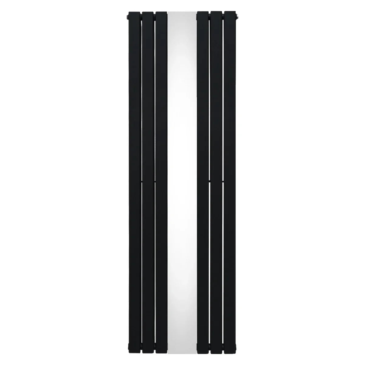 Sleek black flat mirror radiator measuring 1800mm x 565mm, featuring vertical slats and a polished reflective surface