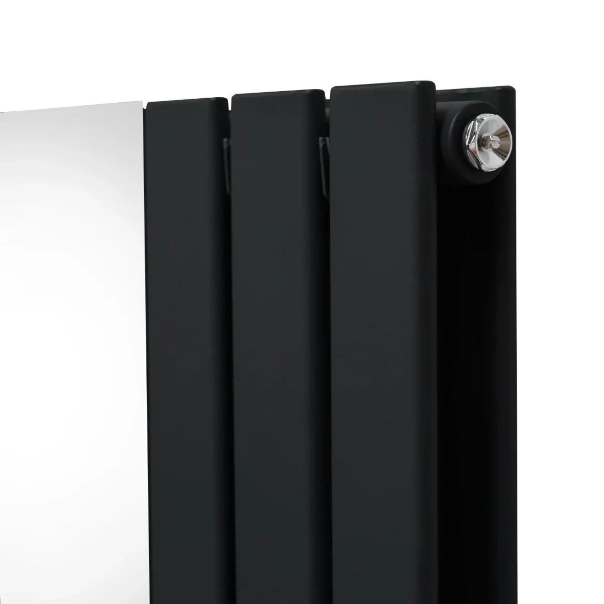 Sleek black flat mirror radiator, 1800mm x 565mm, featuring a modern design with smooth surfaces and polished chrome detailing