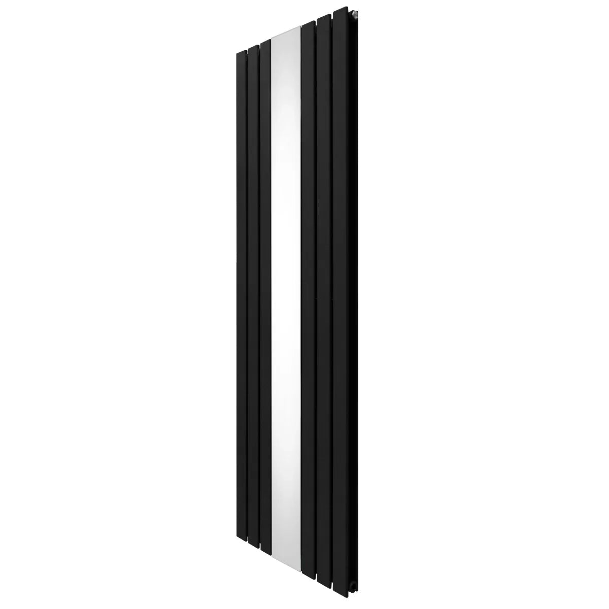 Sleek black flat mirror radiator, 1800mm x 565mm, featuring vertical slats and a polished mirror finish for modern interiors