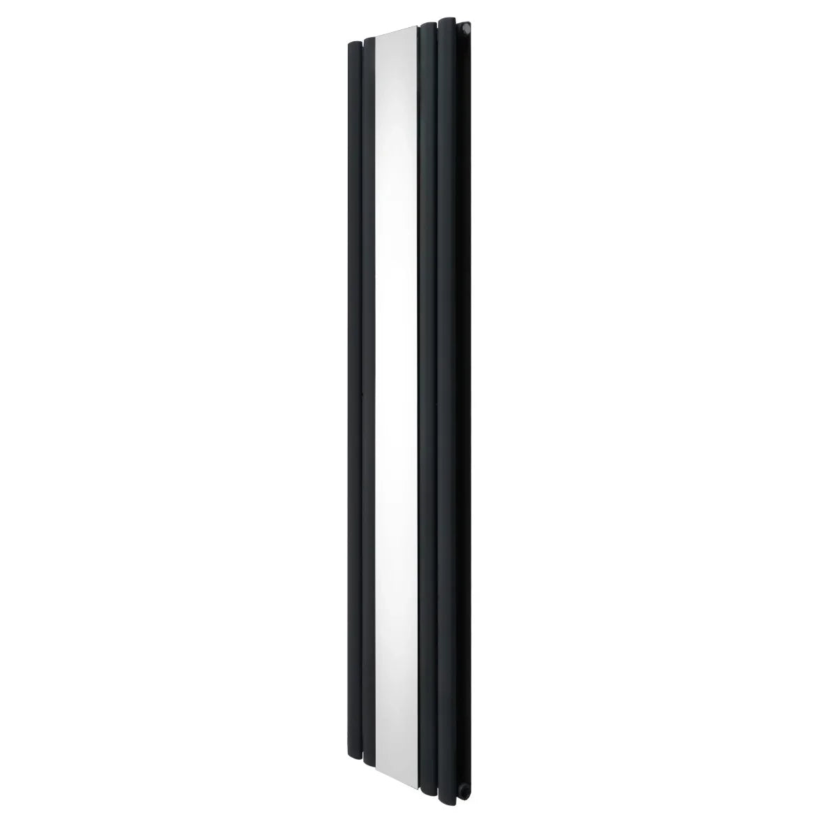 Oval mirror radiator in anthracite grey, measuring 1800mm x 380mm, features a sleek, modern design with a smooth reflective surface