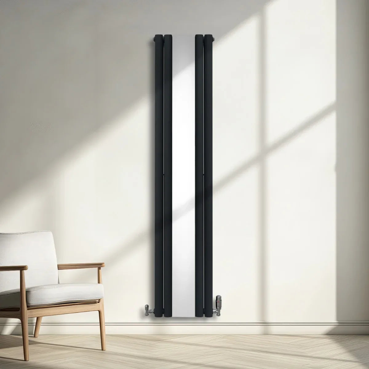 Oval mirror radiator in anthracite grey, 1800mm x 380mm, sleek design with smooth surface, mounted on a light wall, enhancing modern decor