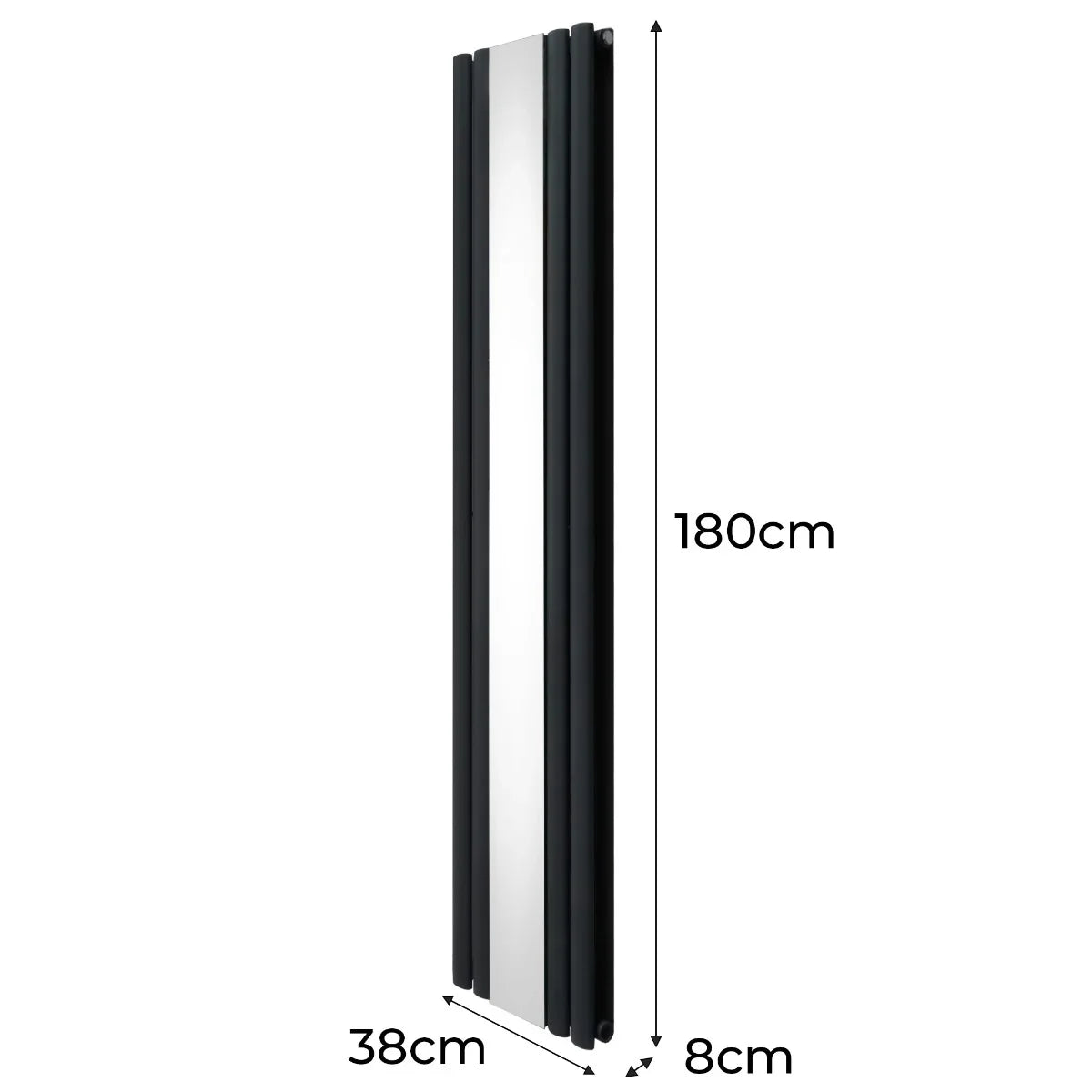 Oval mirror radiator in anthracite grey, 1800mm x 380mm, featuring a sleek, modern design with a polished surface and slim profile