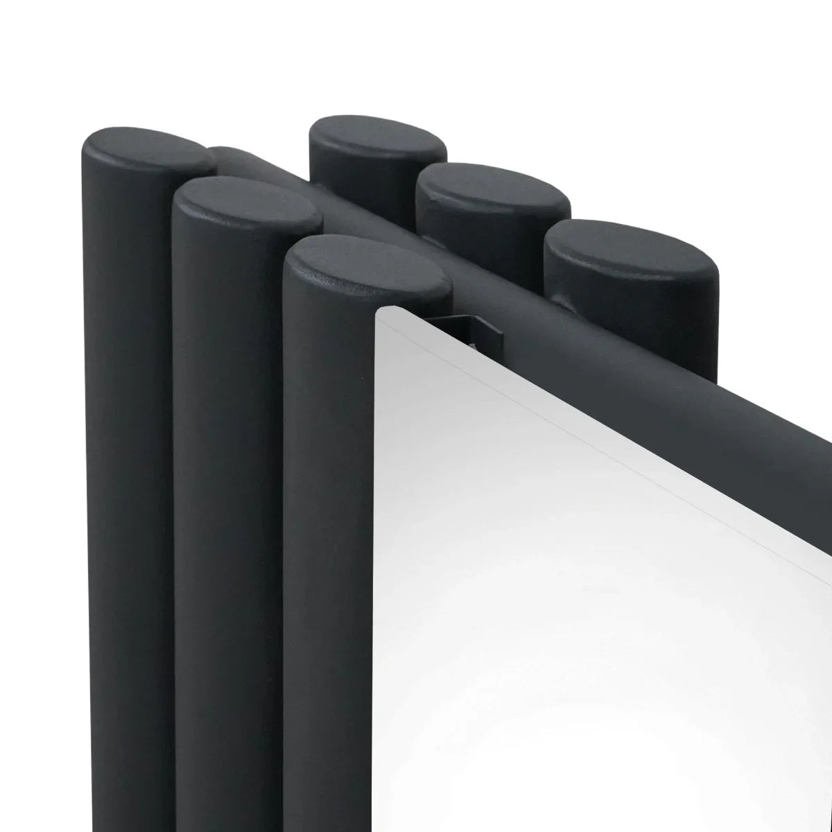 Oval mirror radiator in anthracite grey, featuring a sleek, rounded design with smooth, modern lines and a reflective surface
